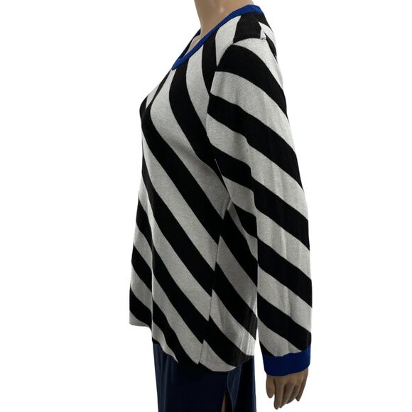 Anthropologie Maeve Black White Striped Pullover Blue Trim Sweater - Picture 7 of 11